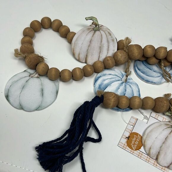 CLEARANCE! Pumpkin Garland Wooden Beads Navy Jute Tassel Fall Decor Thanksgiving - Picture 2 of 11
